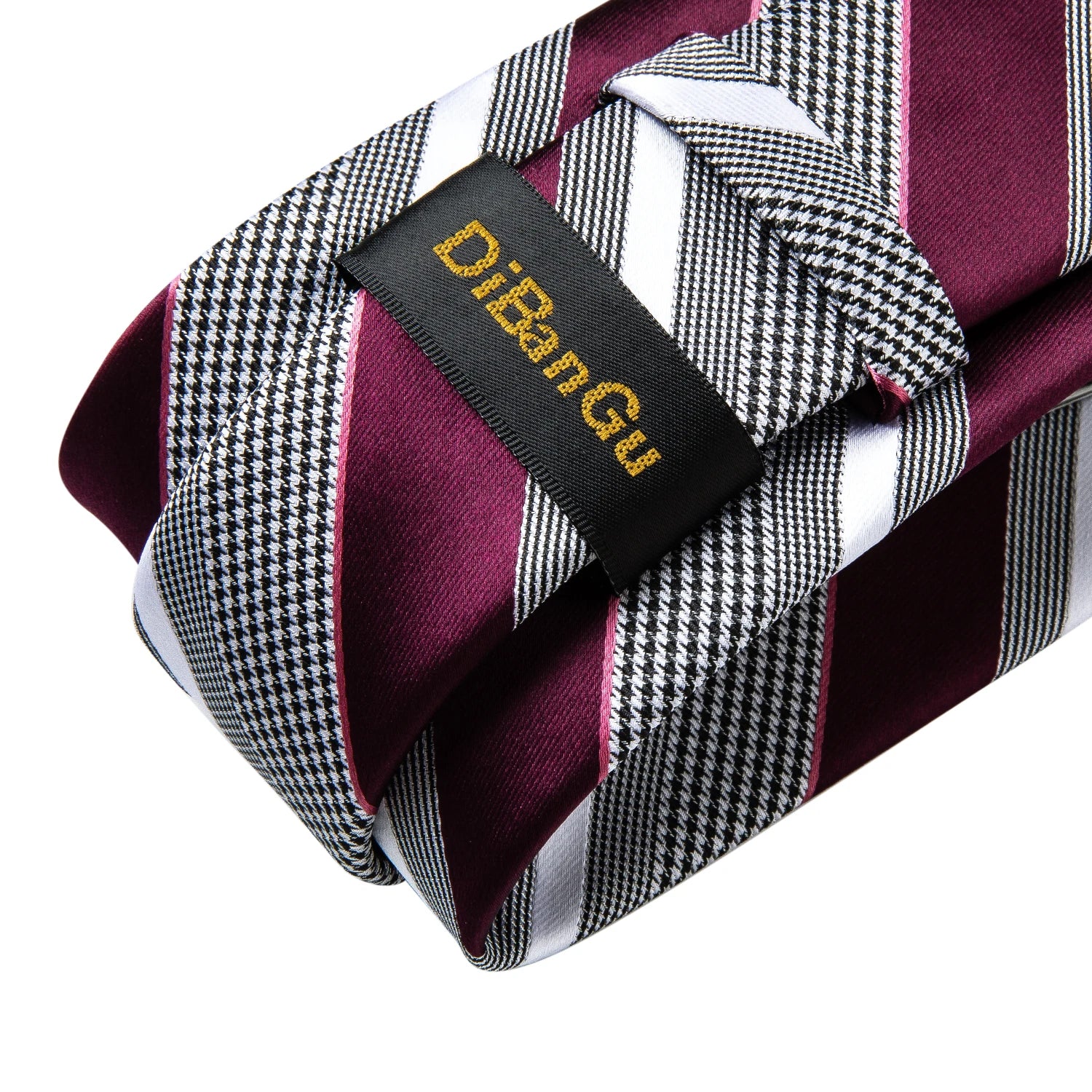 Striped Tie For Men Red Wine White Silk Wedding Tie