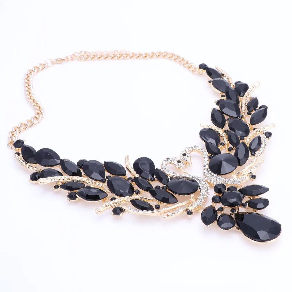 Black Crystal Bridal Jewelry Sets Gold Color Swan Pendant Necklace Earring set