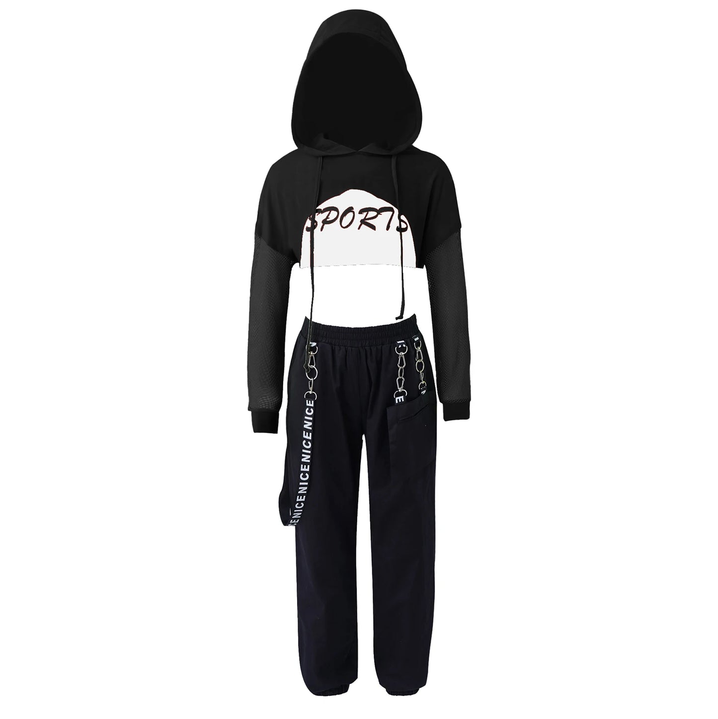 Hip Hop Girls Clothing Jazz Kids Hooded Net Cover Up Tops And Pants Sports Set