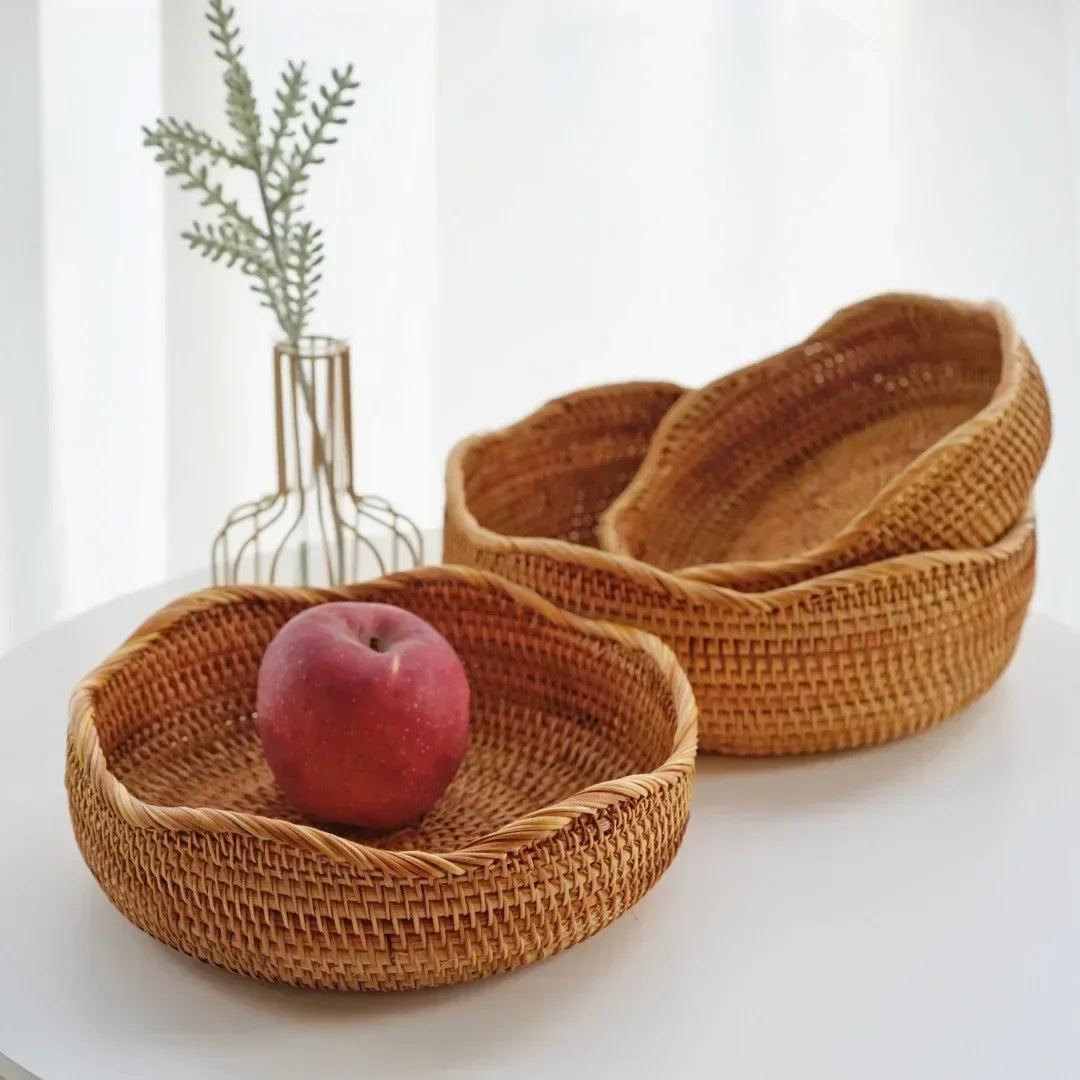 Round Rattan Woven Basket, Wicker Fruit Basket, Bread Food Kitchen Home Decor Organizer, Breadbasket For Kitchen - Hiron Store