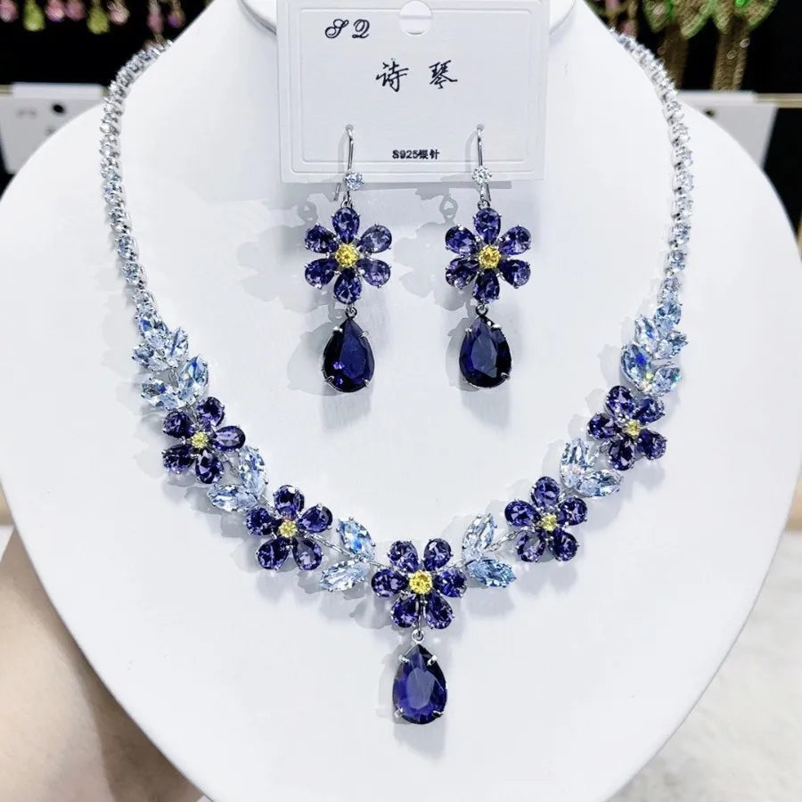 Women Colorful Fashion Zircon Necklace Earrings 2025