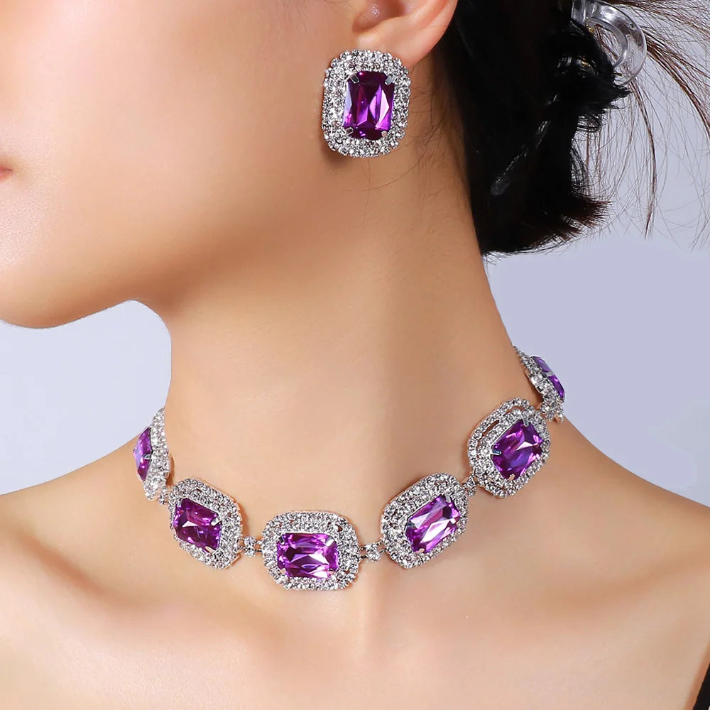 Stonefans Rhinestone Purple Necklace Earrings Set