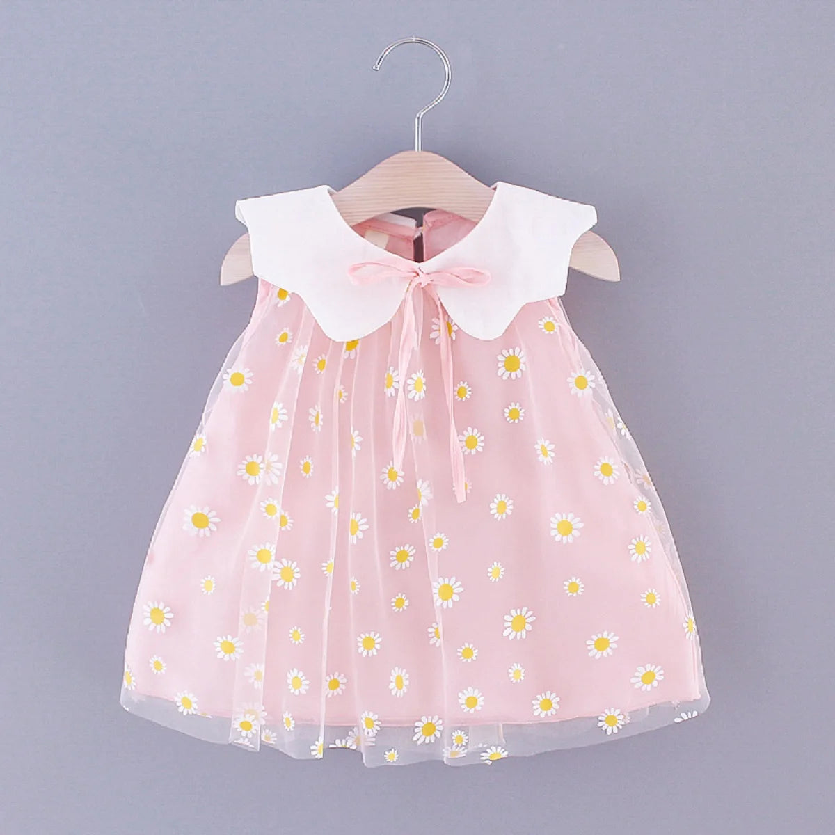 Summer girls' small daisy printing mesh doll collar sleeveless sweet dress