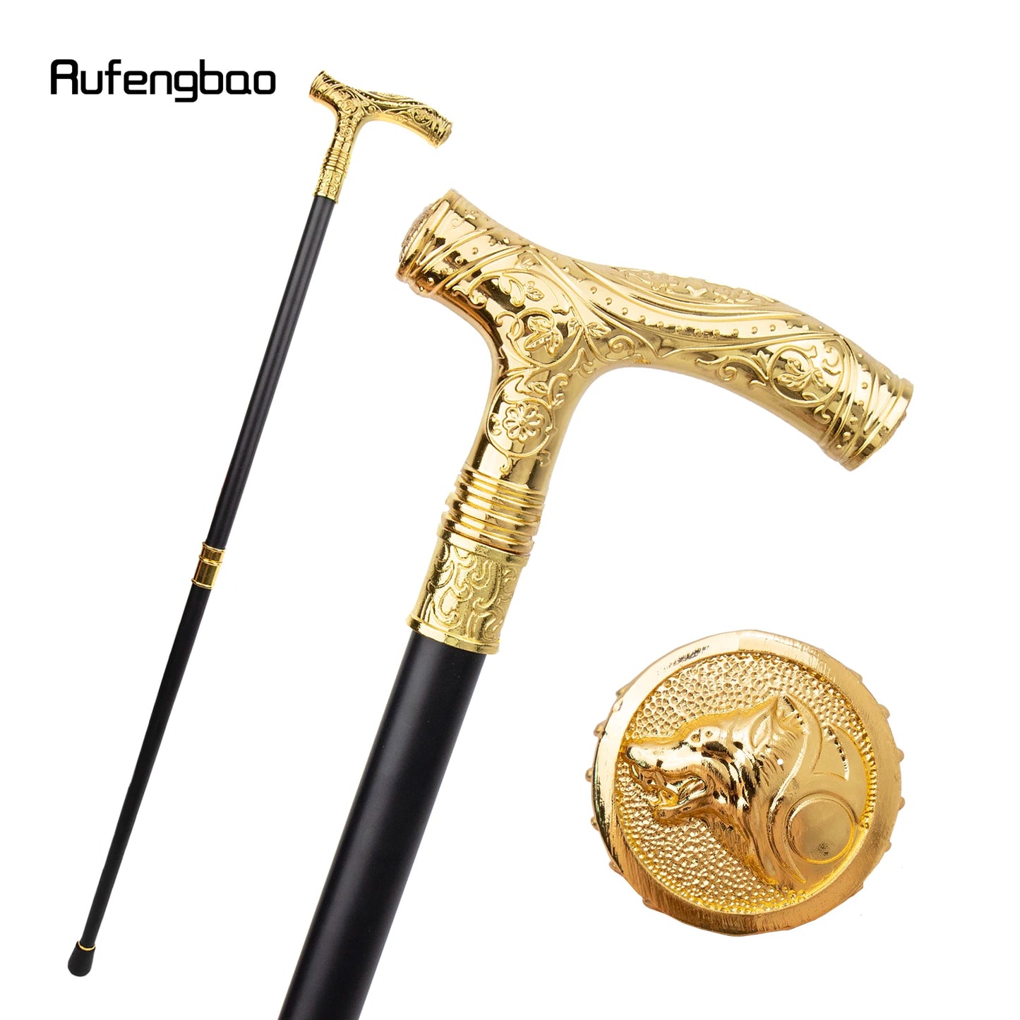 Golden Wolf Head Flower Totem Relief Walking Cane Fashion Walking Stick