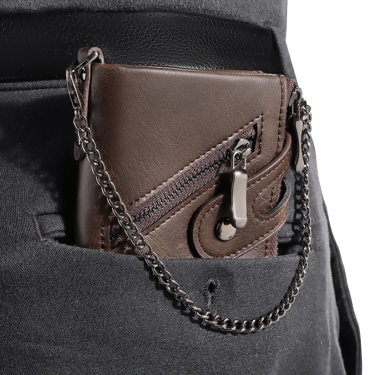 Wallet Men Metal Chain Anti Theft PU Leather Bifold Zipper Wallet Credit Card Storage Bag