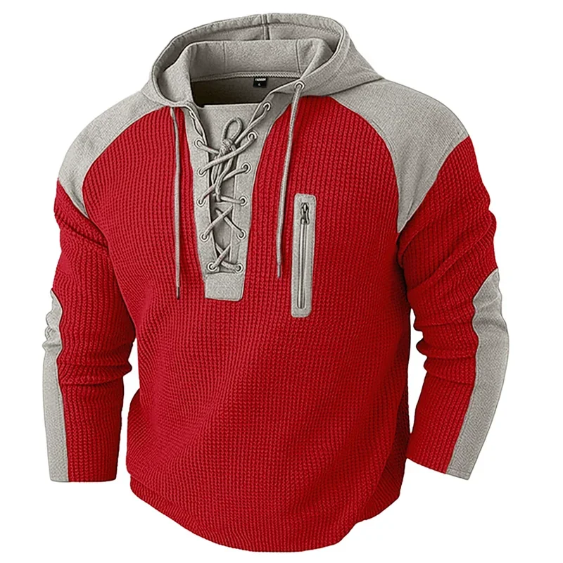 Spring Autumn Men's Casual Hooded Sweatshirt Vintage Patchwork Sports Pullover Fashion Drawstring Hoodie