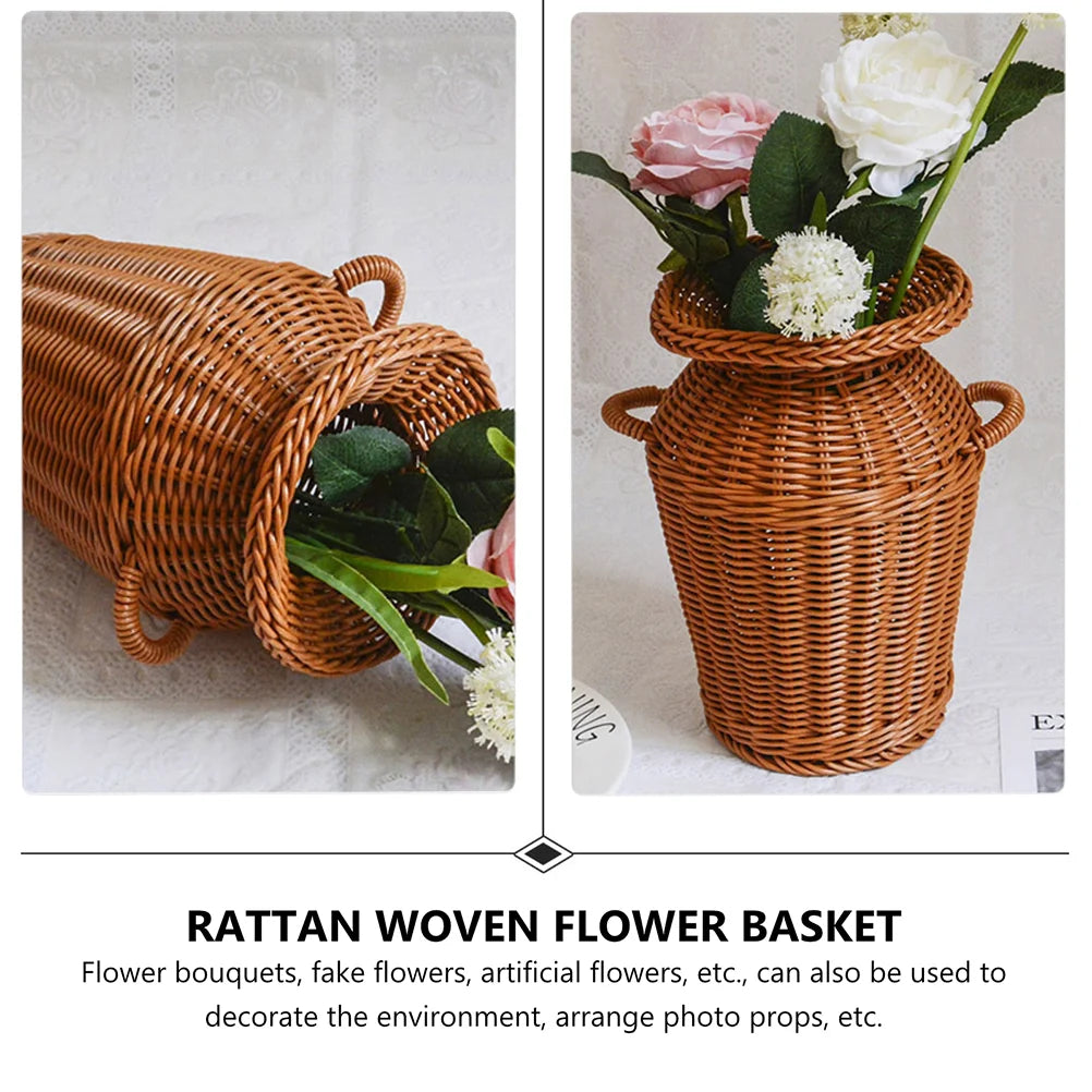 Imitation Rattan Vase Flower Arrangement Basket Home Decor Woven Hamper Storage Terrarium Creative Pot Decorate - Hiron Store