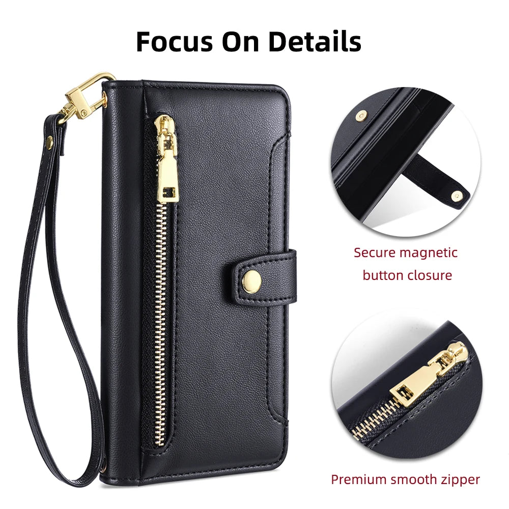 Ladies Card Slots Wallet Crossbody Phone Case for iPhone 15 14 13 12 11 Pro Max Cover with strap