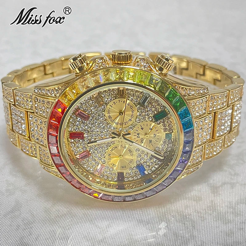 2024 Luxury Brand MISSFOX Gold Hip Hop Watches Men Fashion Rainbow Diamond Waterproof Smart Watch Full Steel Sports Clocks Male - Hiron Store