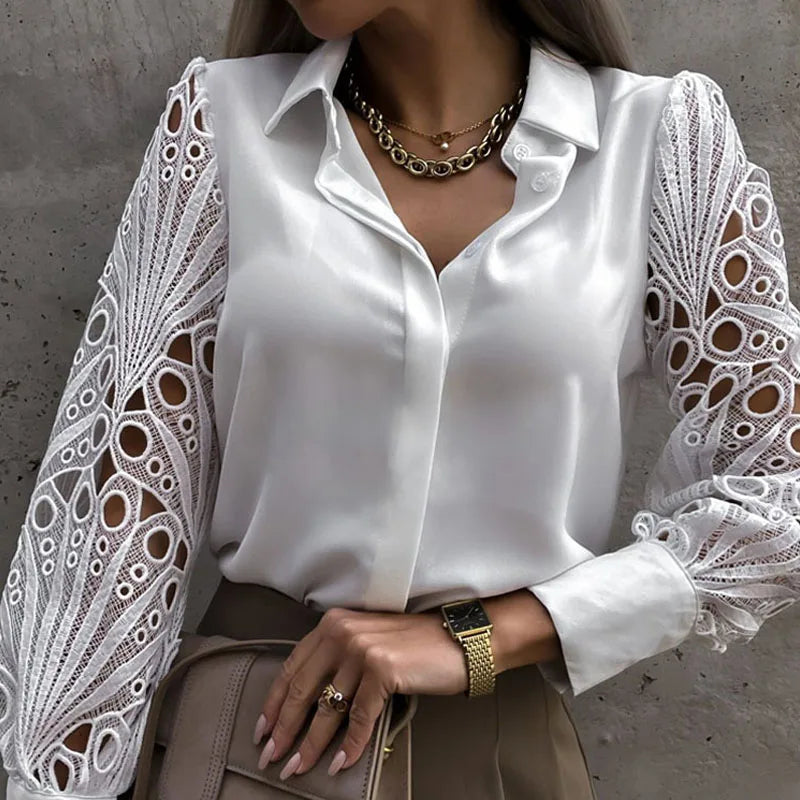 White Sexy Lace Hollow Out Women Blouse 2024 Spring Black Vintage Button Up Shirts Top Long Sleeve Mesh Design Tops Femme 19948 - Hiron Store