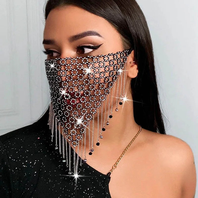 Shiny Rhinestone Mask Face Decor Bling Tassel Veil Mask Reusable Metal Crystal Dance Face Veil Bandana Masquerade Party Jewelry - Hiron Store