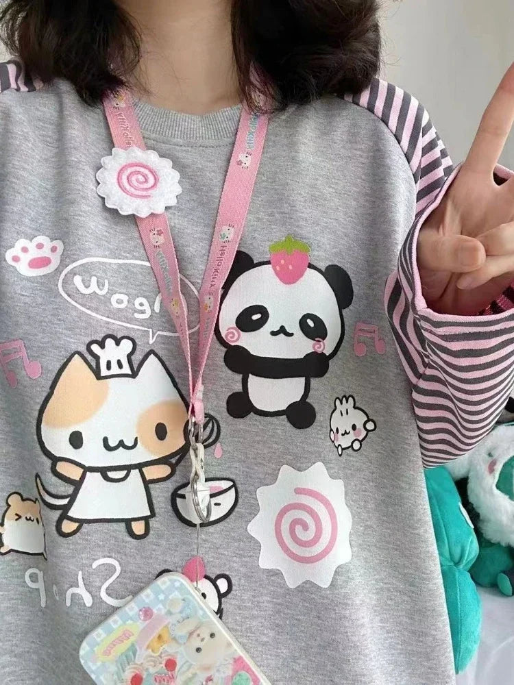 Women Hoodie Japanese Fashion Patchwork Cartoon Print Sweatshirt