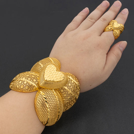 Arab Luxury Gold Plated Bracelet Ring Copper Large Bangle Jewelry Set