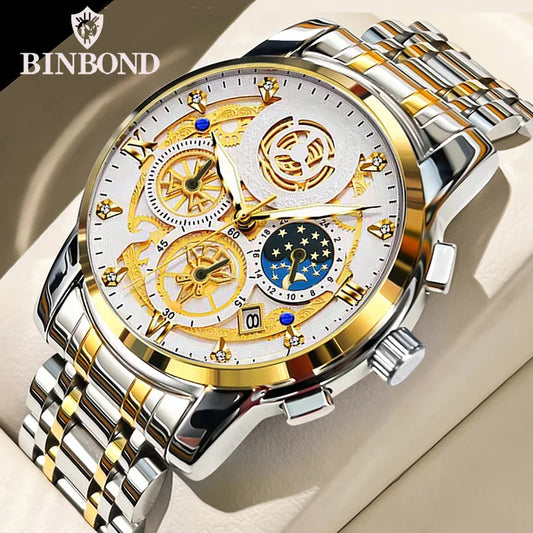 Luxury Date Waterproof Fashion Stainless Steel Gold Business Quartz Men's Wrist Watch