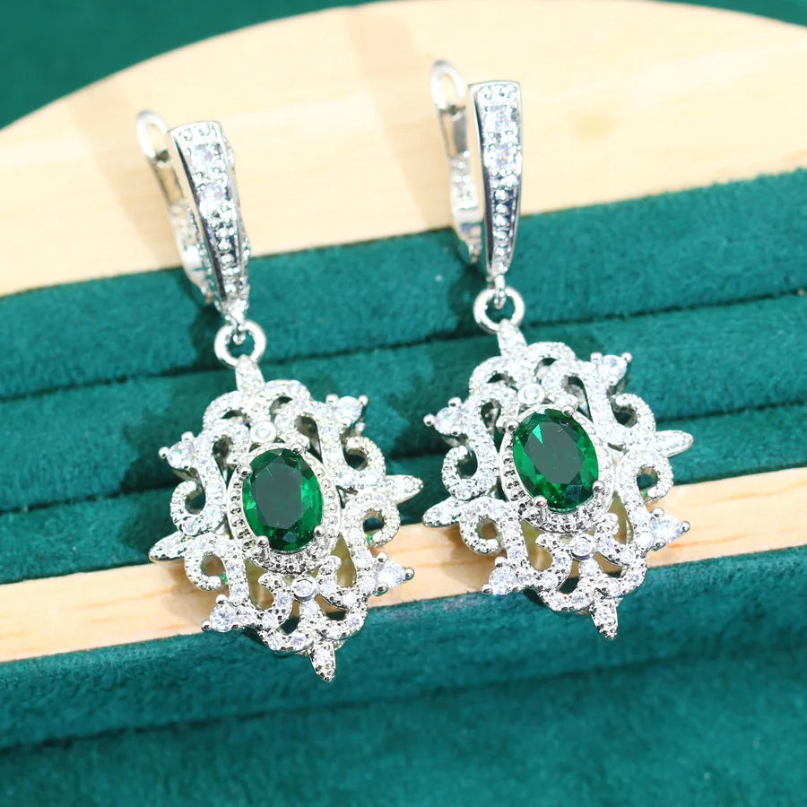 Wedding Silver 925 Jewelry Sets Women Dubai Green Zircon Bride EarringsRing Bracelet Necklace