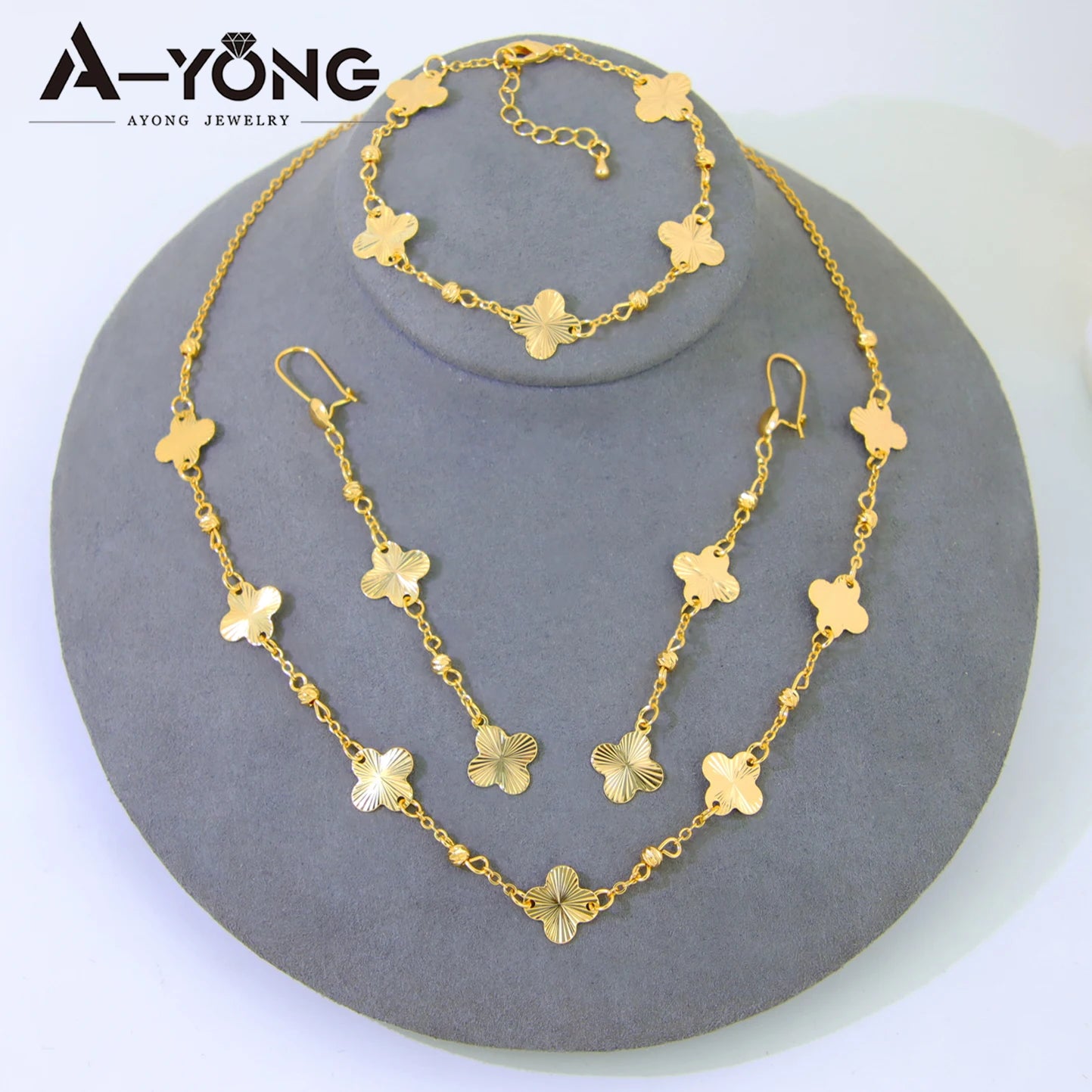 Italian Elegant Gold Color Bead Flower Necklace Set 21k Gold Plated Dubai French Women Bridal Cocktail Party Jewelry