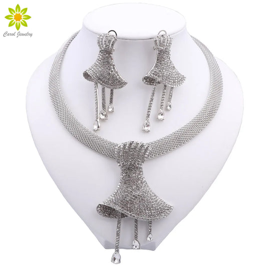 Fashion Jewelry Women Silver Plated Necklace Big Earrings Large Pendant Nigeria Bride Jewelry Wedding Party Gifts - Hiron Store