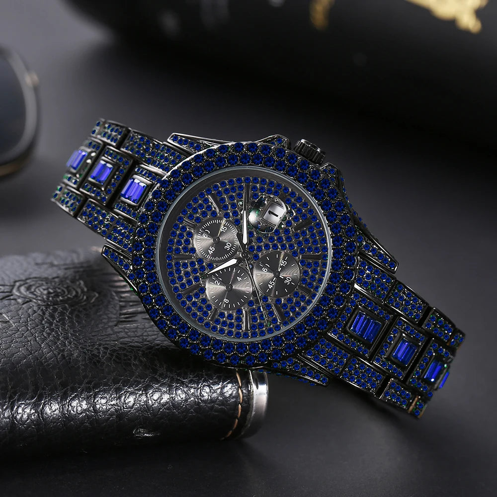 Blue Iced Out Watches For Men Diamond Quartz Watch