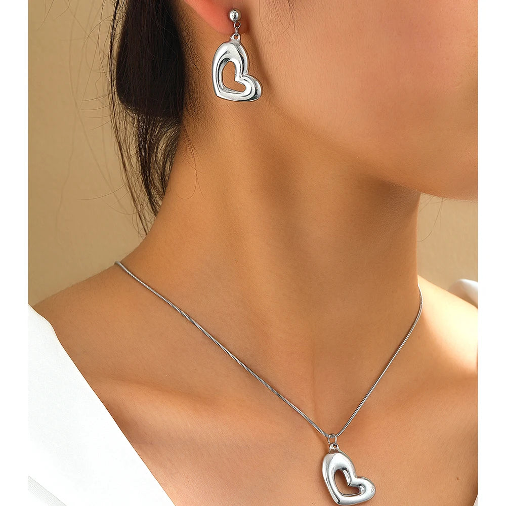 Stainless Steel Jewelry Set Heart Necklaces Earrings Trendy Fine Jewelry Set