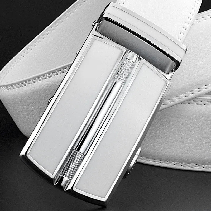 White Colour Men Women Unisex Genuine Leather Belt Automatic Buckle Waist Straps