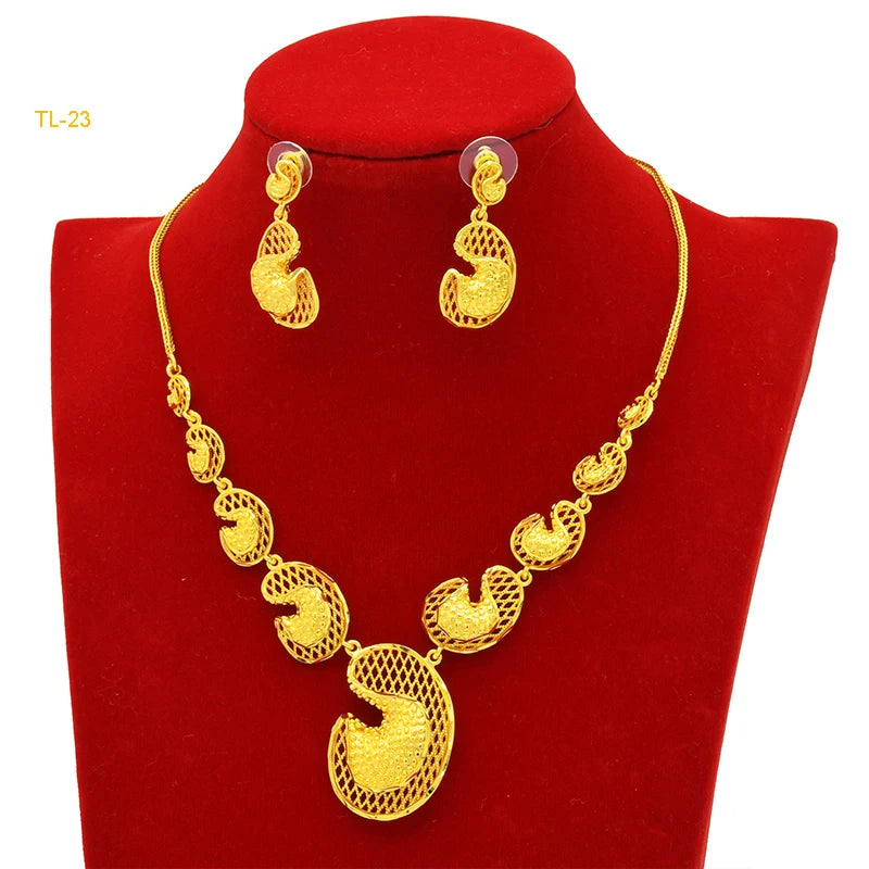 Dubai Gold Color Jewelry Set Bridal Indian Long Necklace Set Nigerian Choker Necklace Bracelet Earring Ring Sets