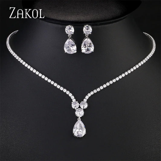 ZAKOL 3 Pcs Luxury Water Drop Zircon Necklace Earrings Bracelet Set