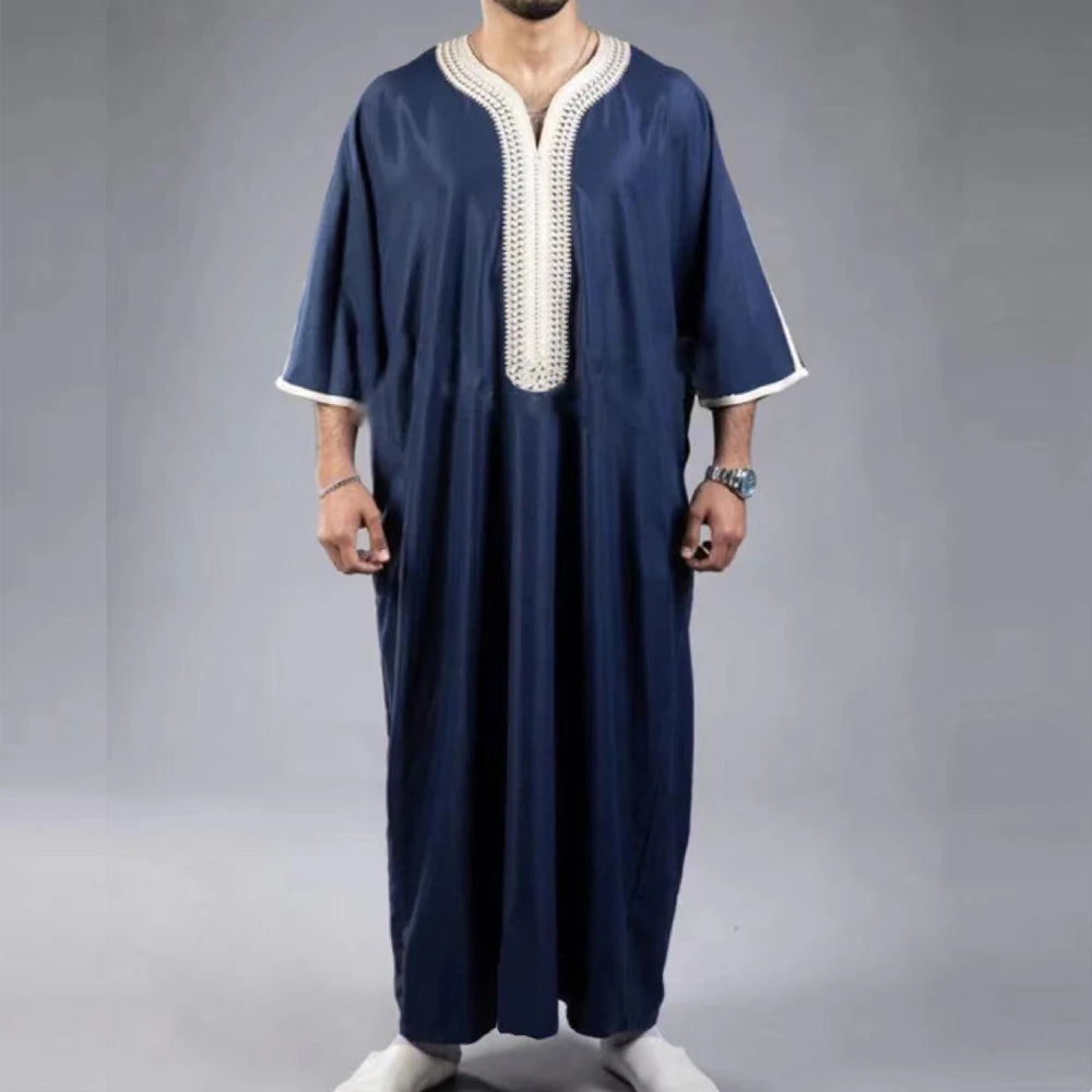 New Kaftan Muslim Men Short Sleeve Embroidery Loose Breathable Casual Robe Islamic Abaya