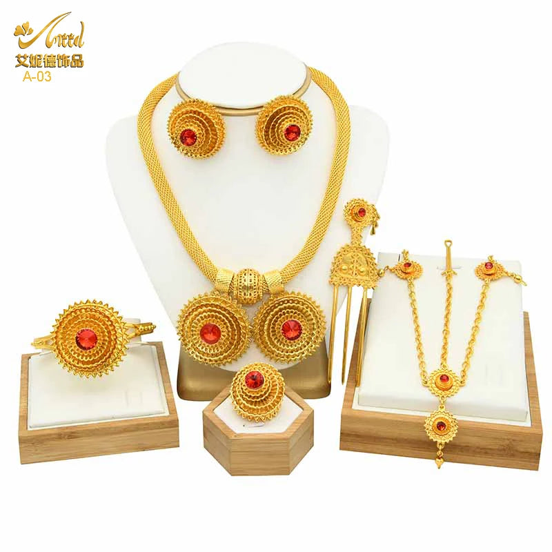 ANIID Ethiopian Gold Plated 6PCS Jewelry Set For Women Indian Red Crystal Luxury Jewellery Sets