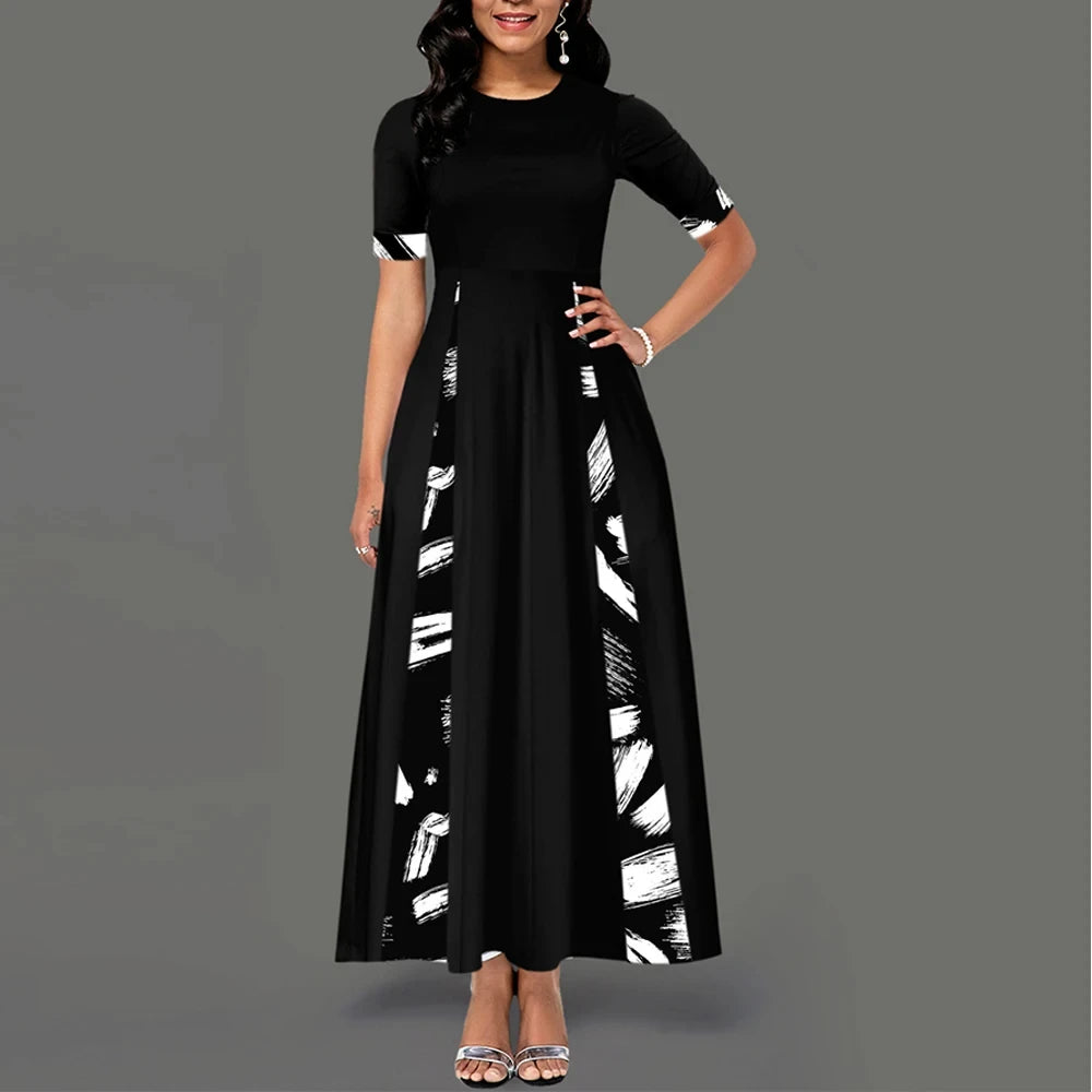 Women Plus Size Printed Boho Dress Round Neck Half Sleeve Long Maxi Dress Evening Party Beach Summer Dress - Hiron Store