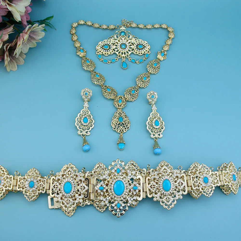 Sunspicems Chic Arabic Bride Jewelry Sets For Women Gold Color Crystal Morocco Belt Necklace Caftan Brooch Earring Muslim Sets - Hiron Store