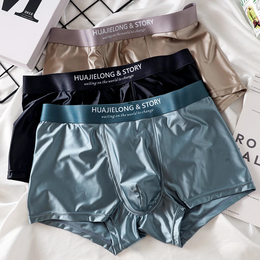 3PCS/Pack Luxury Ice Silk  Boxers  Smooth Cool Solid Men's Underpants Breathable Mesh  Underwear