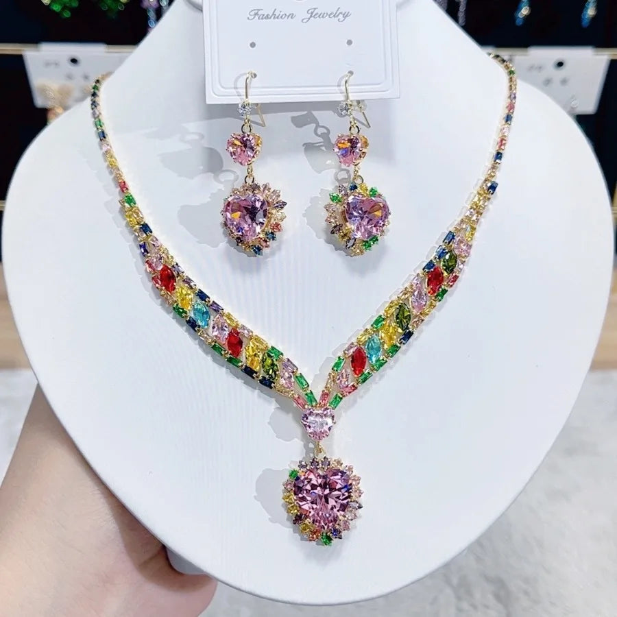 Women Colorful Fashion Zircon Necklace Earrings 2025