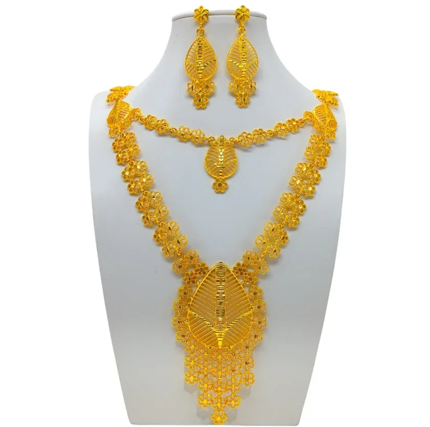 Dubai Jewelry Set For Women Necklace Earrings Indian Thailand Two Piece Set Gold Color