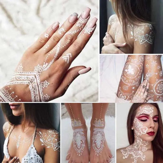 Henna White Lace Tattoo Stickers Bride Wedding Festival Face Neck Chest Arm Hand Foot Body Art Temporary 3D Tattoos