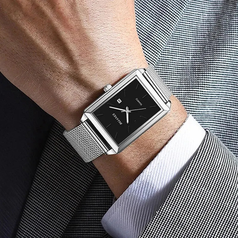 Watches Luxury Black Square Stainless Steel Mesh Belt Watch