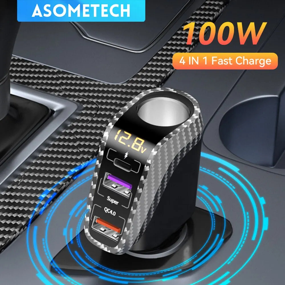 USB Car Charger With 90W Cigarette Lighter Expansion Port PD SCP FCP Quick Charge For iPhone Samsung Huawei