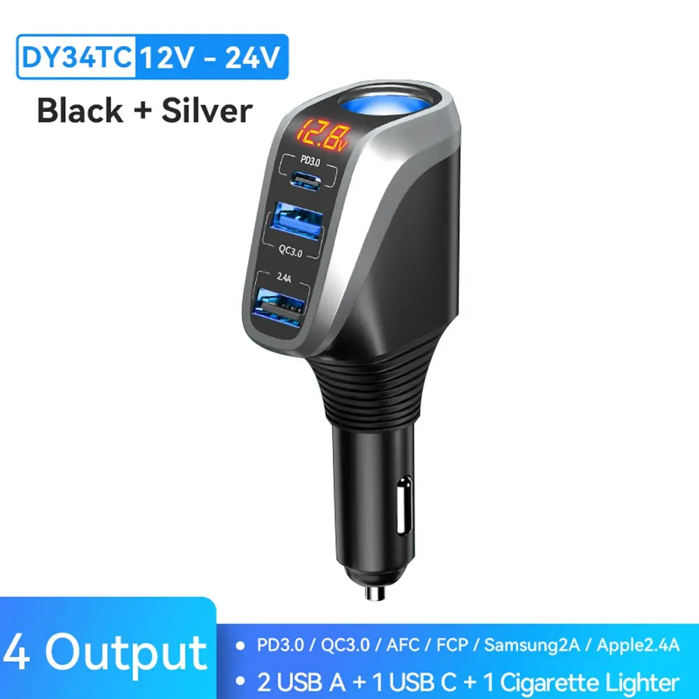 USB Car Charger With 90W Cigarette Lighter Expansion Port PD SCP FCP Quick Charge For iPhone Samsung Huawei