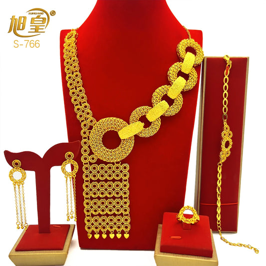 Dubai Gold Color Jewelry Set Bridal Indian Long Necklace Set Nigerian Choker Necklace Bracelet Earring Ring Sets