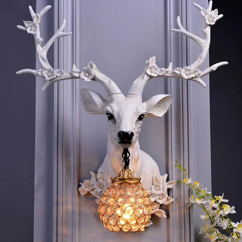 American Lucky Deer Head Lamp Retro Resin Deer Horn Wall Lights Home Decor Lamps