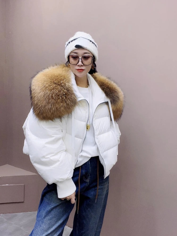 2024 Winter Puffer Jacket Women Large Fur Collar Short Female Parkas Thick Warm 90% Goose Down Coat Loose