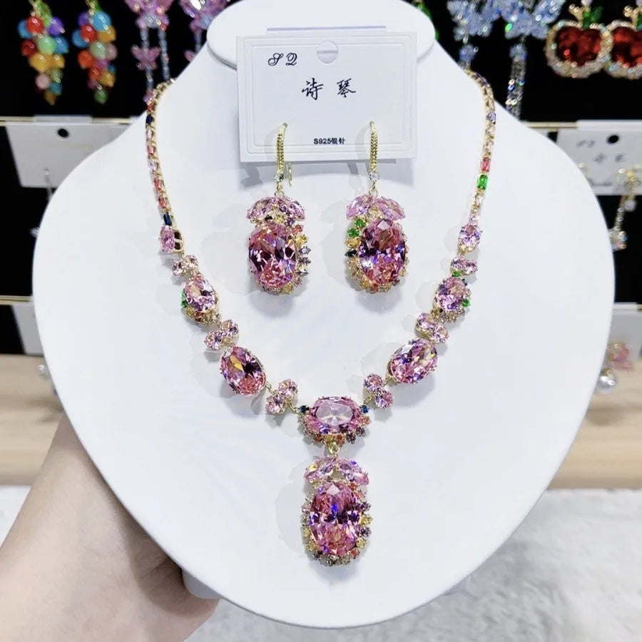 Women Colorful Fashion Zircon Necklace Earrings 2025