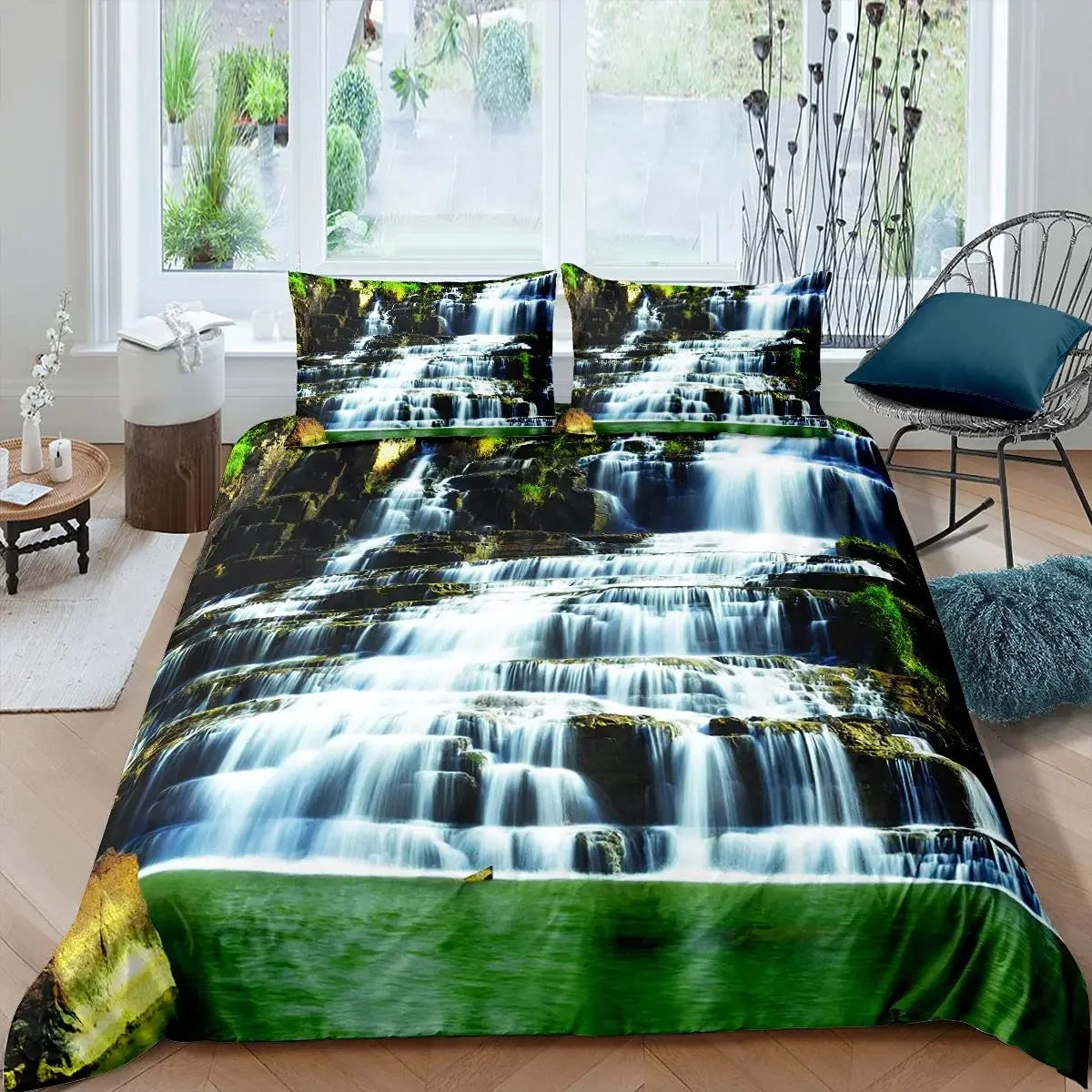 Waterfall Duvet Cover Set Natural Scenery Quilt Cover Pillowcase Landscape Forest Queen Size Polyester Bedding Set