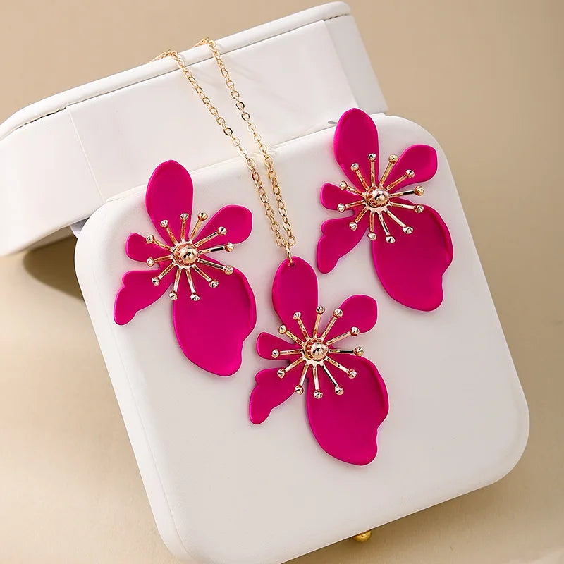 Korean Necklace Earring Jewelry Set Designer Enamel Flower Necklace