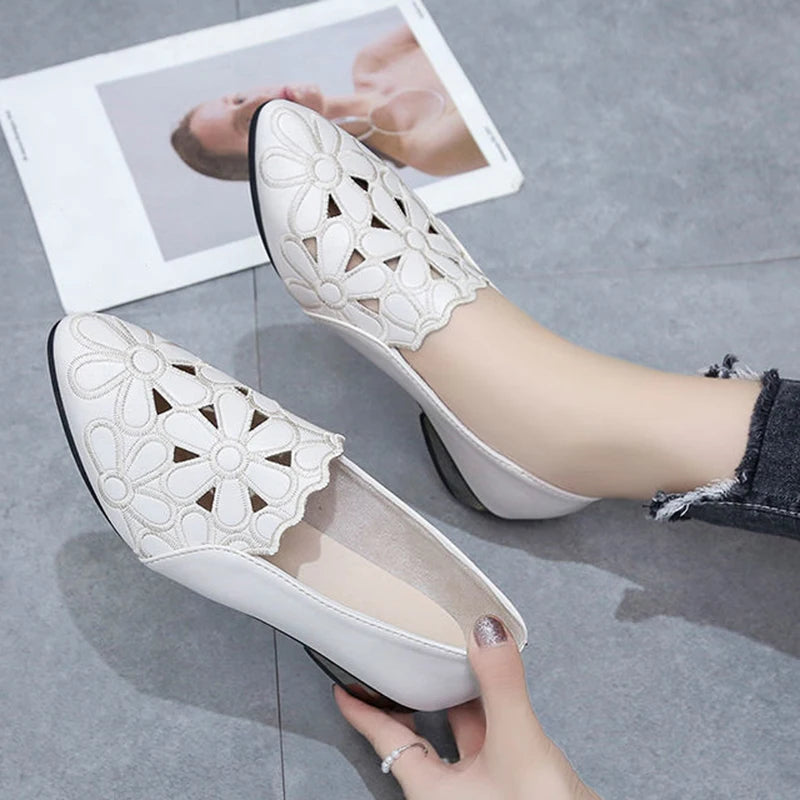 Shoes for Women Embroidery Breathable Square Heel Loafers Slip On Pointed Toe Leather Single Shoes