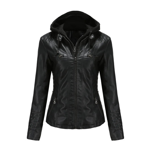 Plus Size Women Hooded Leather Jacket Removable Leather Jackets