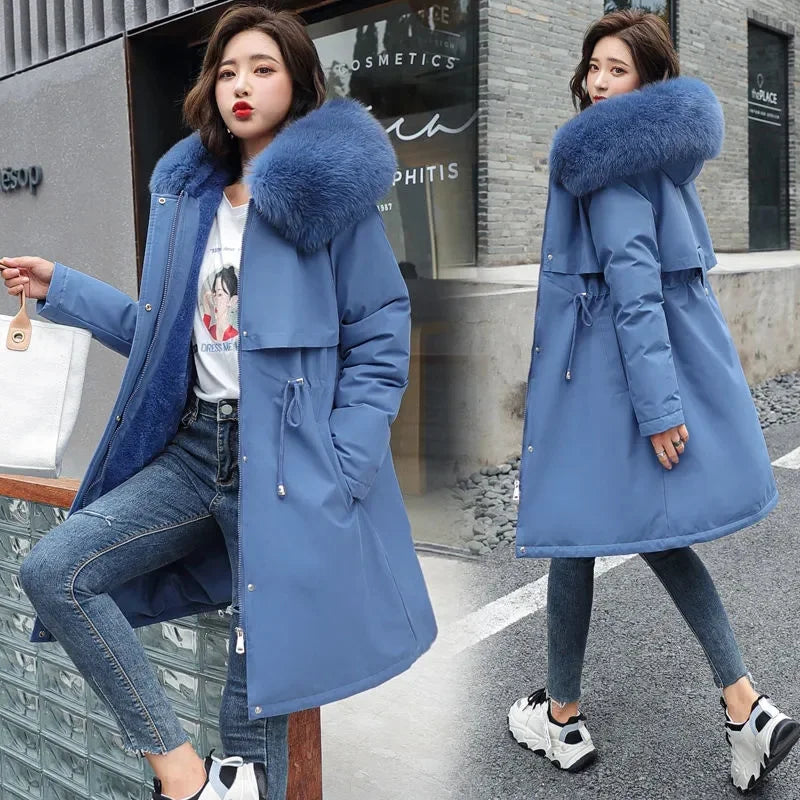 Winter Women Jacket Long Parka  Fur Collar Loose Long Coat Wool Liner Hooded Jacket