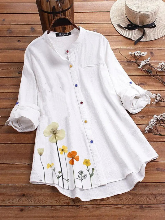 Round Neck Shirt Classic Long Sleeved Floral Pattern Shirt