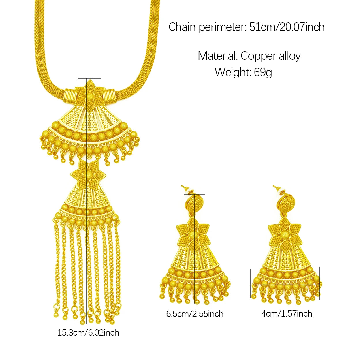 Dubai Indian African Tassel Necklace Earrings Jewelry Set 24K Gold Plated Bridal Jewellery