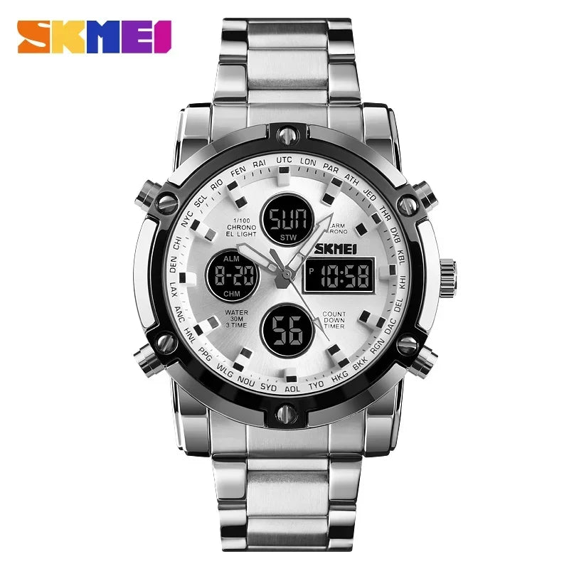 SKMEI 1389 Steel Strap Wristwatch Clock Relogio Masculino Digital Quartz Watches