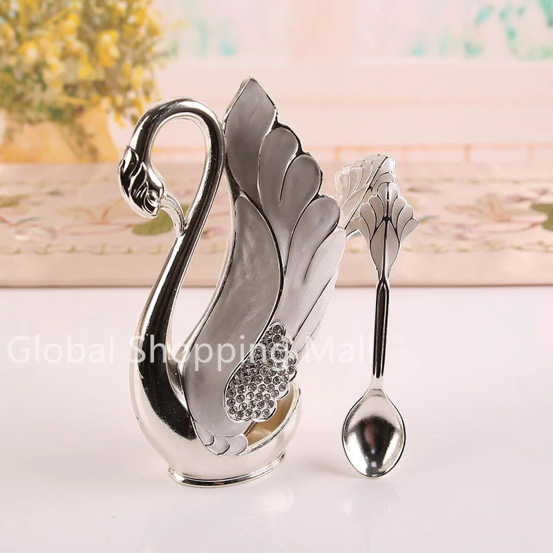 Metal Swan Base Holder, Tableware Organizer with 6 Spoons or Forks, Small Delicate, for Coffee, Fruit Desser,t Ice Cream Cake